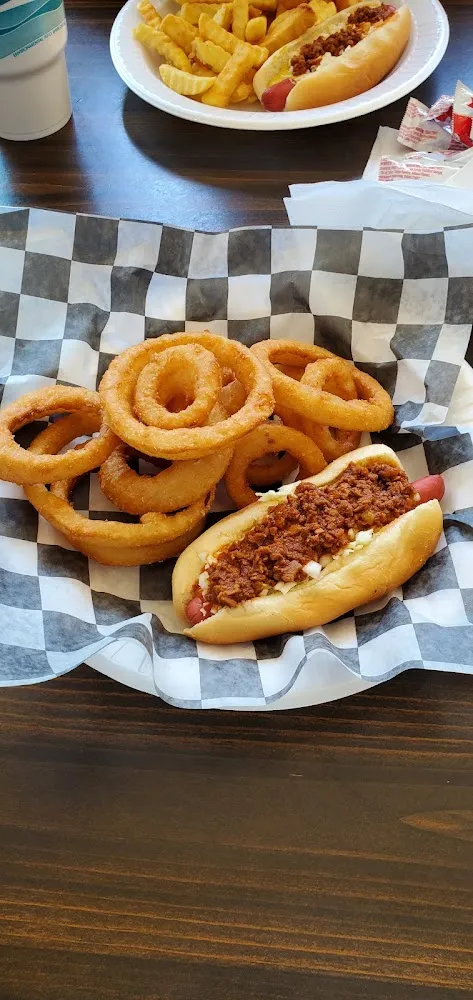 All the Way Hot Dog with Onion Rings