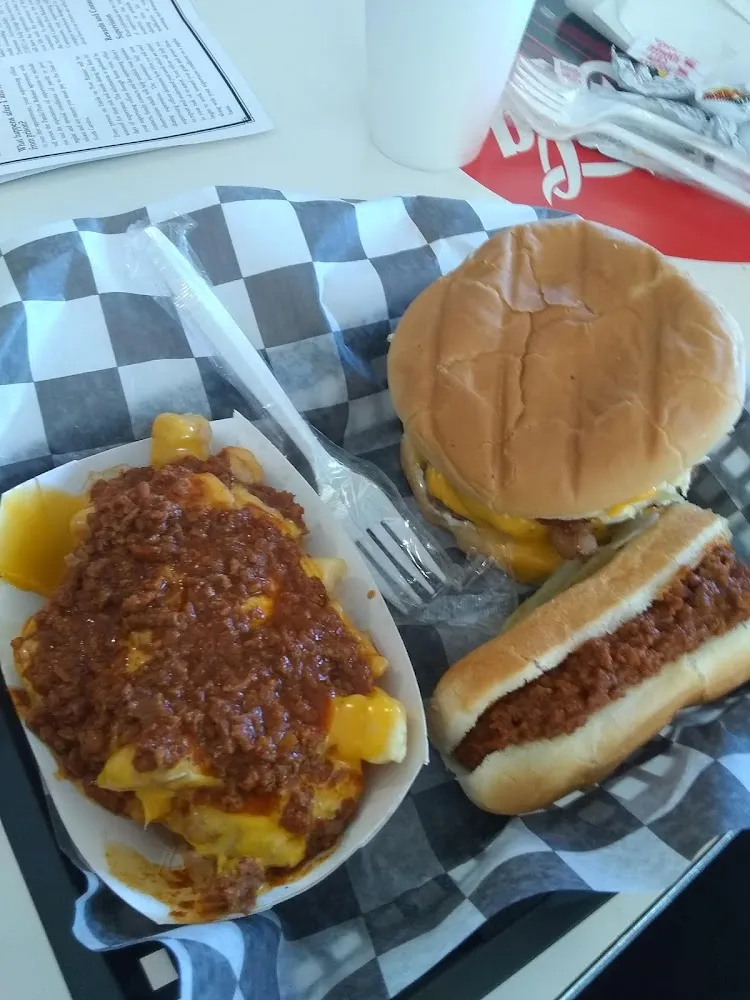 Chili Cheese Fries Hot Dogs and Double Bacon Cheeseburger